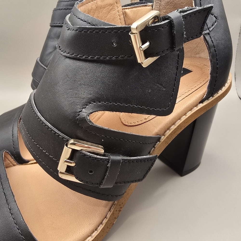 H&M Genuine Leather Sandal 3 Inch Block Heel Open Toe Adjustable Strap Black 7. - Picture 6 of 11